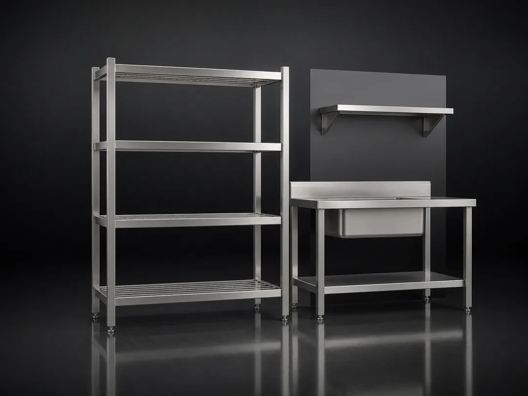 Commercial stainless steel shelving, benches and sinks