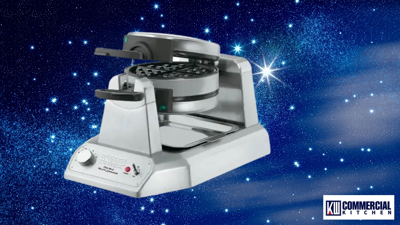 Commercial double rotary waffle maker with flip mechanism and drip tray