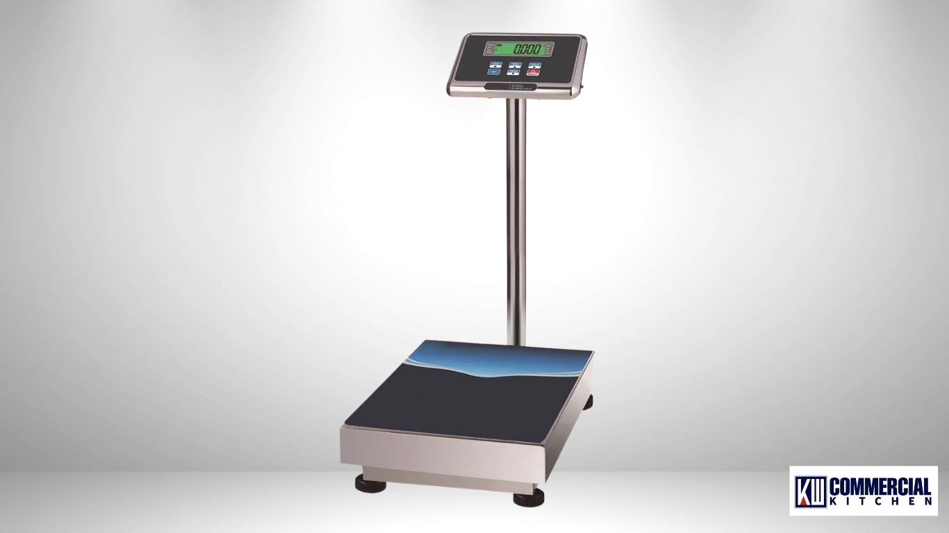 Trade‑approved platform food scale with pole‑mounted indicator for goods‑in receiving and bulk ingredients in Australian commercial kitchens.