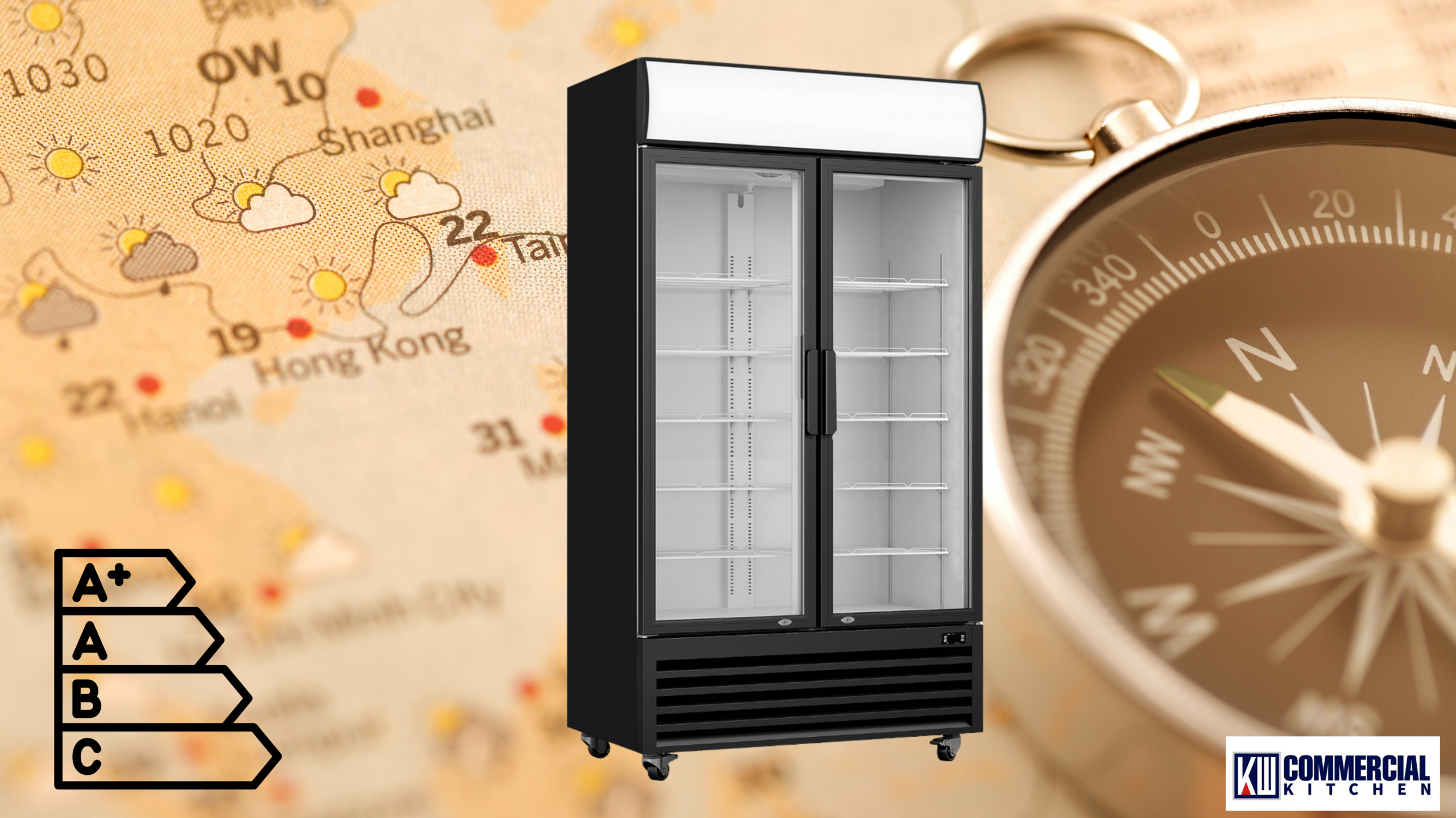 Black double‑door glass‑door merchandiser fridge with illuminated header; energy‑rating icon; weather‑map and compass background.