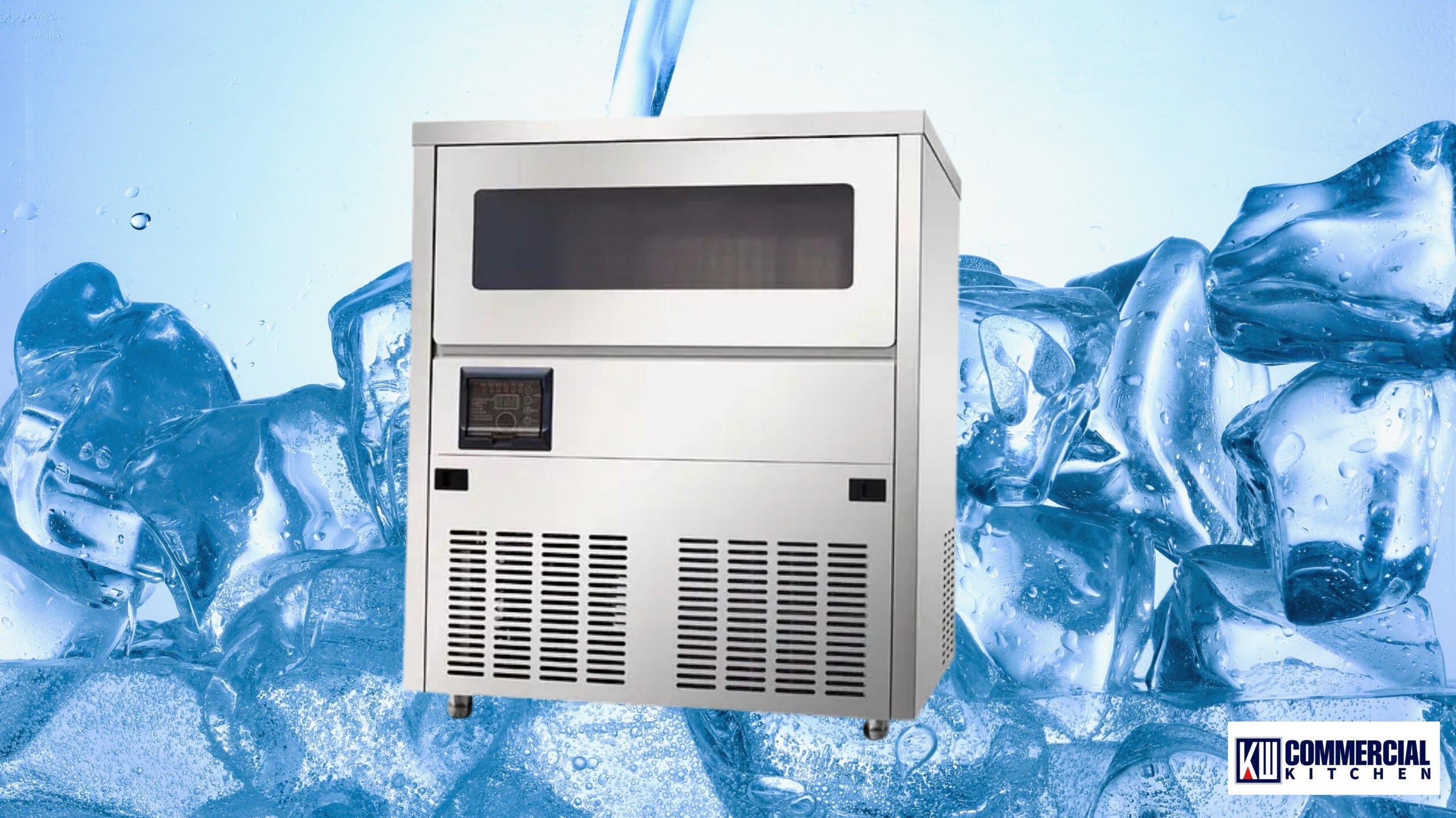 Stainless commercial ice machine with front vents and viewing window, set against stacked ice.