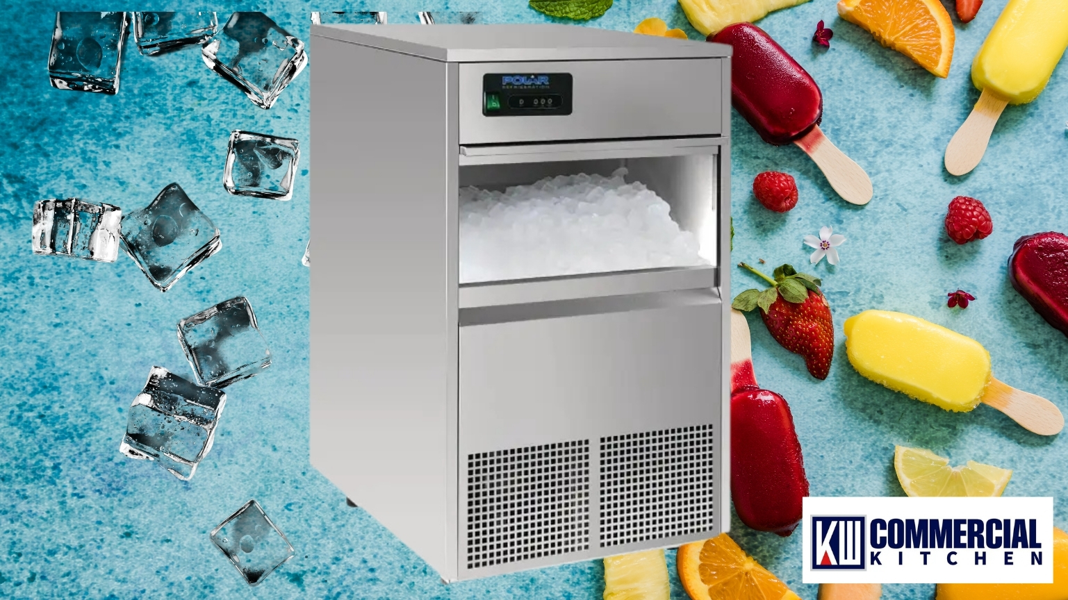Polar self‑contained commercial ice maker producing nugget ice; treat ice as food with chloramine‑rated filtration, weekly bin cleaning and a dedicated scoop (Australia).