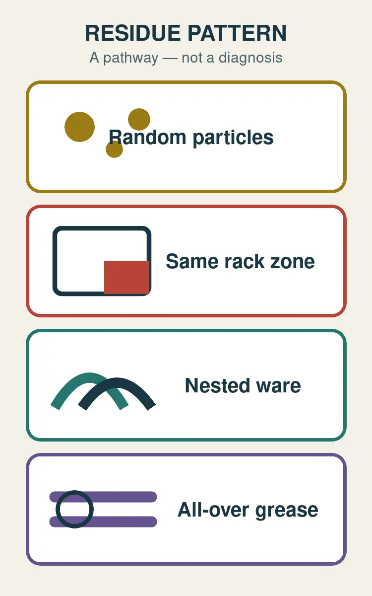 Residue pattern map separating random particles, one repeated rack zone, nested ware and all-over grease