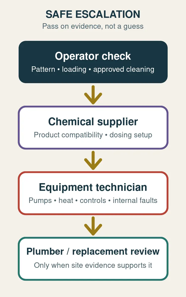 Vertical safe escalation flow from operator check to chemical supplier, equipment technician, and plumber or replacement review