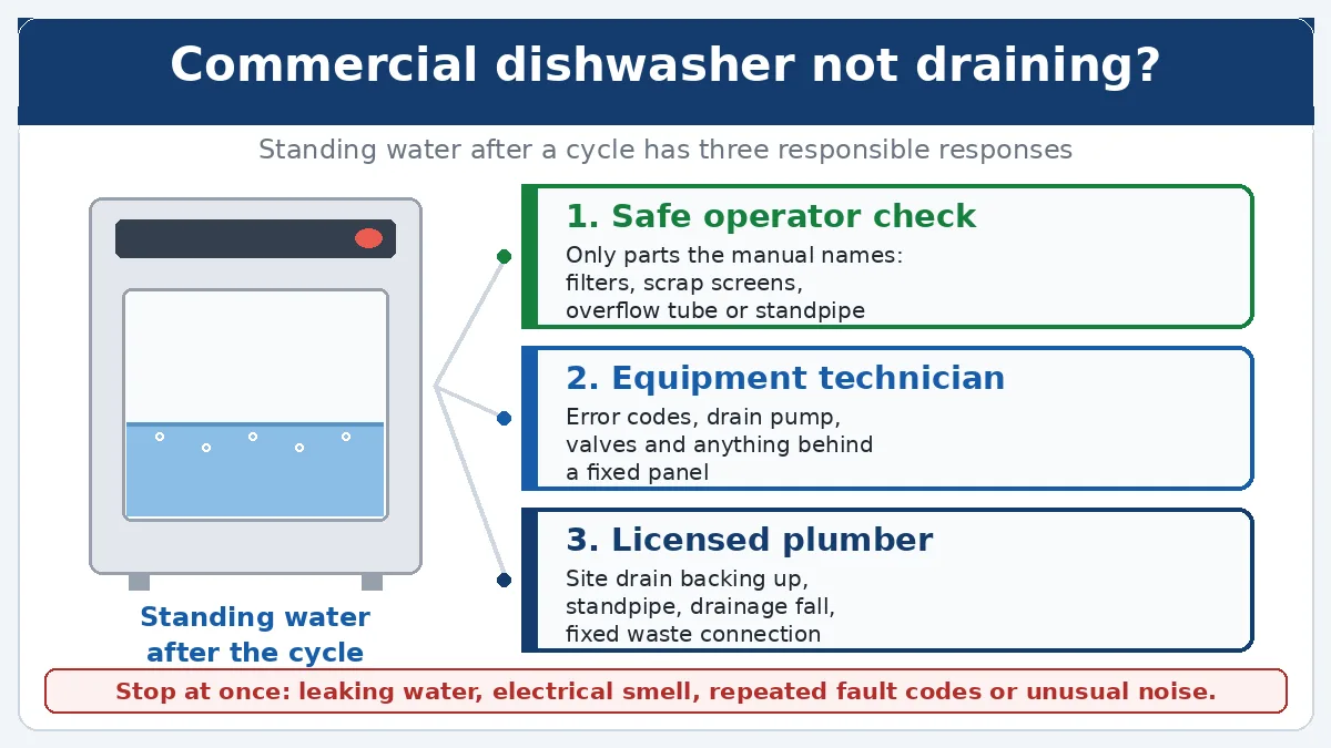 Commercial dishwasher with standing water and three response paths: safe operator check, equipment technician, licensed plumber