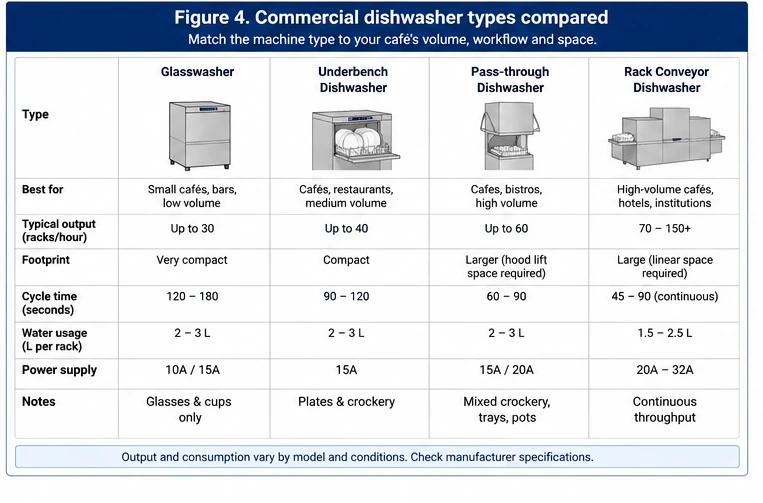 Comparison of glasswasher, underbench, pass-through and rack-conveyor commercial dishwasher formats