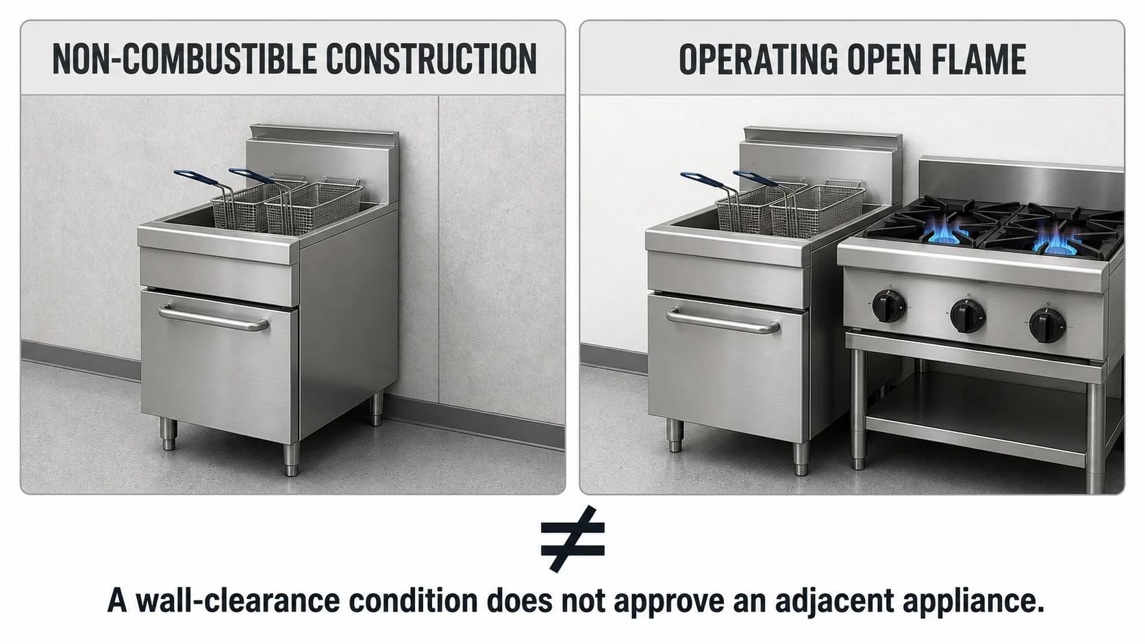 Diagram comparing a fryer beside non-combustible construction with a fryer beside an operating open flame