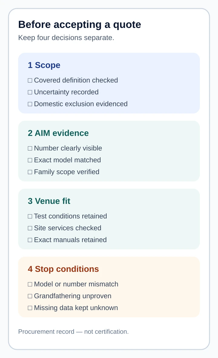 Buyer checklist separating scope, AIM evidence, venue fit and stop conditions before accepting a commercial ice-maker quote