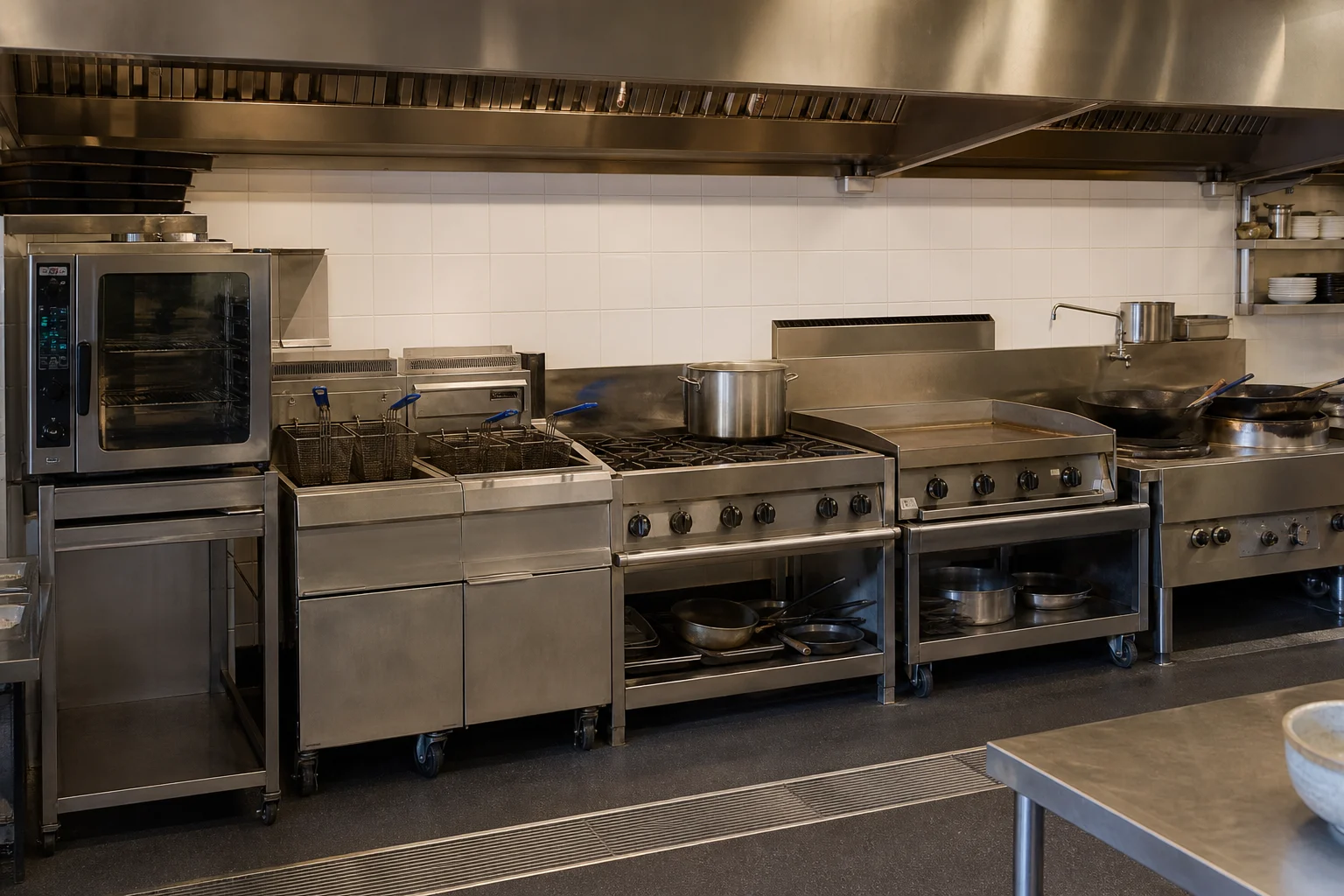 Illustrative commercial cooking line with several appliance types beneath an overhead exhaust hood