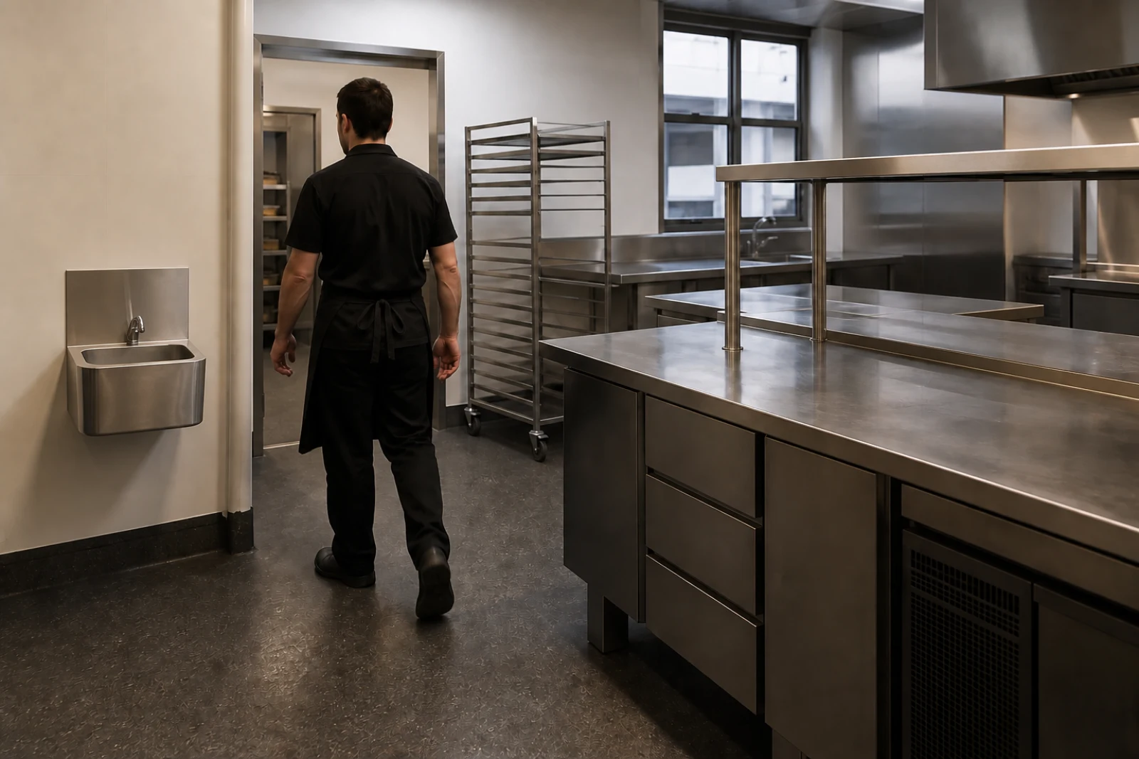 Illustrative commercial kitchen prep area showing a hand basin, doorway, trolley and staff work path