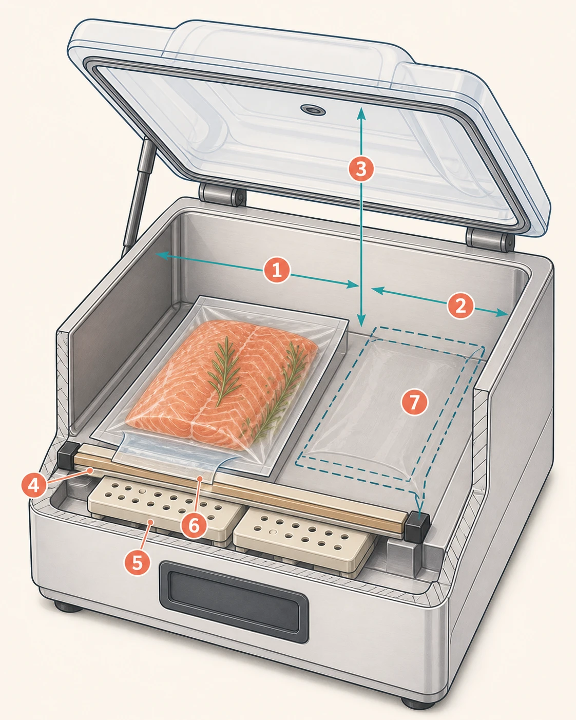 Generic chamber vacuum sealer diagram showing internal width, depth, lid clearance, sealing bar, filling plates, pouch neck and optional second-pack position
