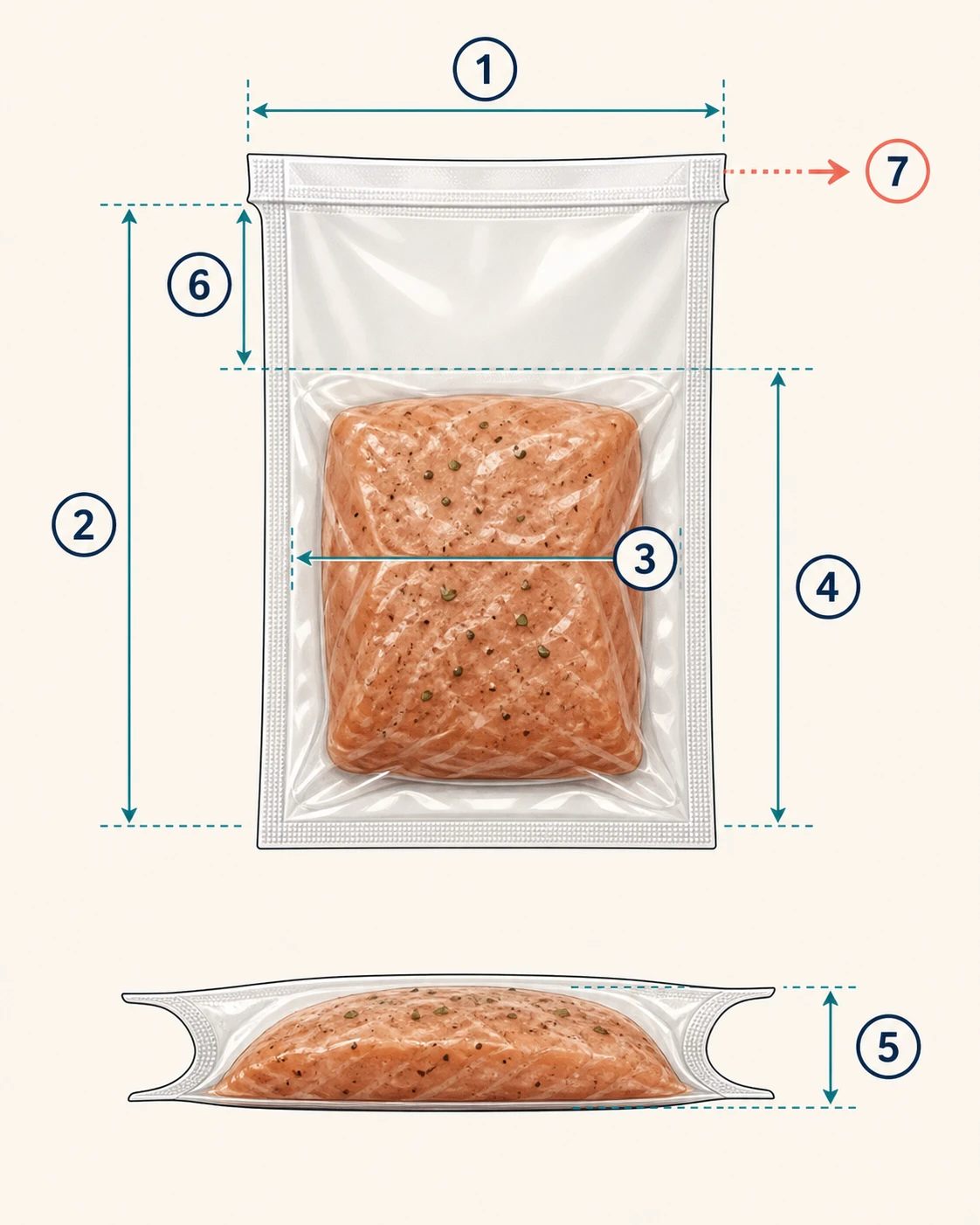 Diagram showing empty pouch width and length, filled width, filled length, filled height, clean pouch neck and open edge