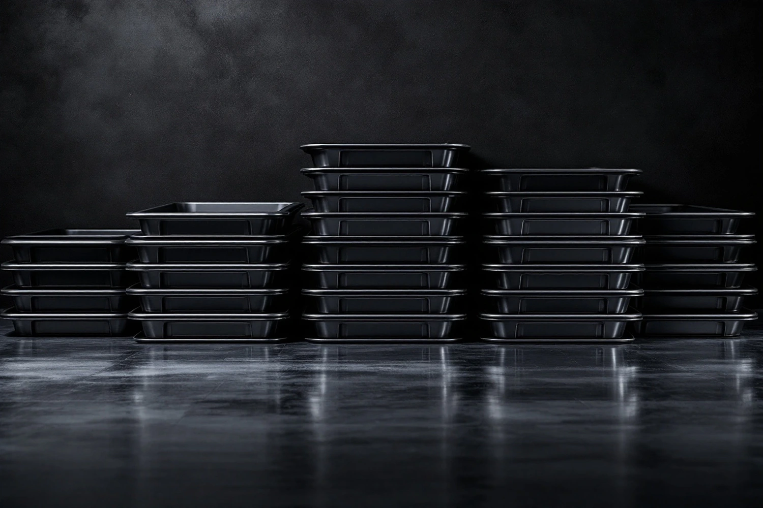 Stacked black anti-slip foodservice trays