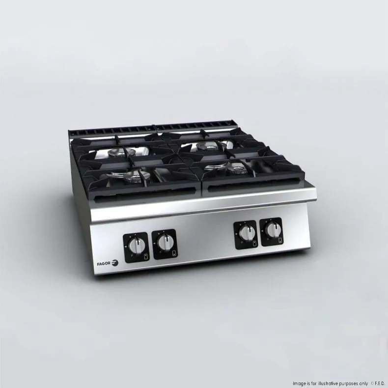 Fagor C-G940H gas 4 burner cooktop, stainless steel with cast iron trivets