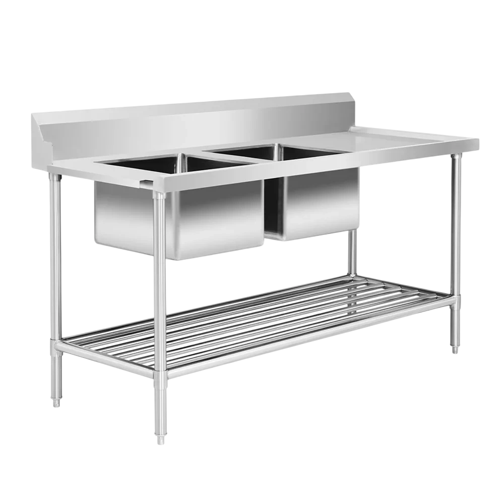 FED DSBD7-1800L/A left inlet double sink dishwasher bench, 1800x700x900mm, stainless steel modular bench, Australia
