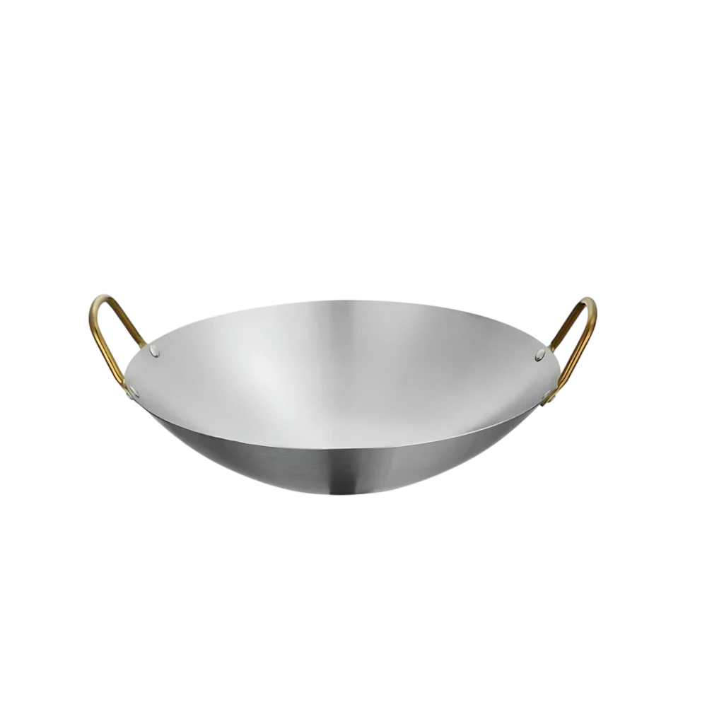Kitchen Knock 408094 9-inch stainless steel shallow wok with golden handles, durable food grade steel – front view, Australia