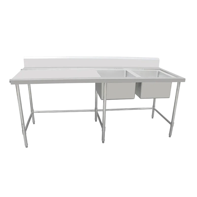 Kitchen Knock 632558 full stainless steel right double sink bench with leg brace, 2100x700mm, commercial kitchen – front view, Australia