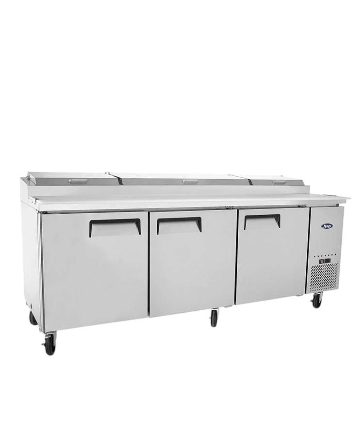 Atosa MPF8203 three-door pizza prep table fridge with GN pans, 2362×840×1102mm, R290 refrigeration, Australia