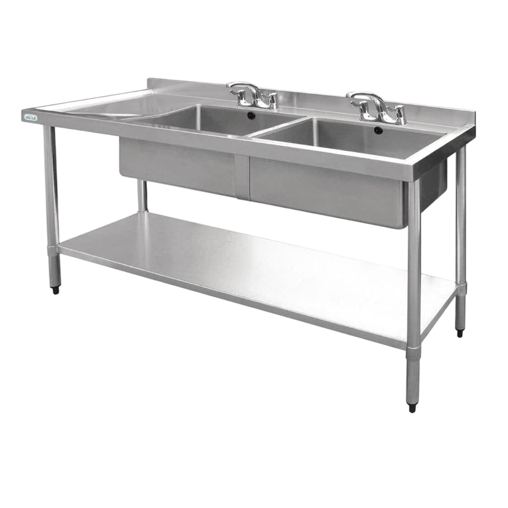 Vogue Double Bowl Sink L/H Drainer - 1800mm x 700mm (90mm Drain) commercial kitchen equipment