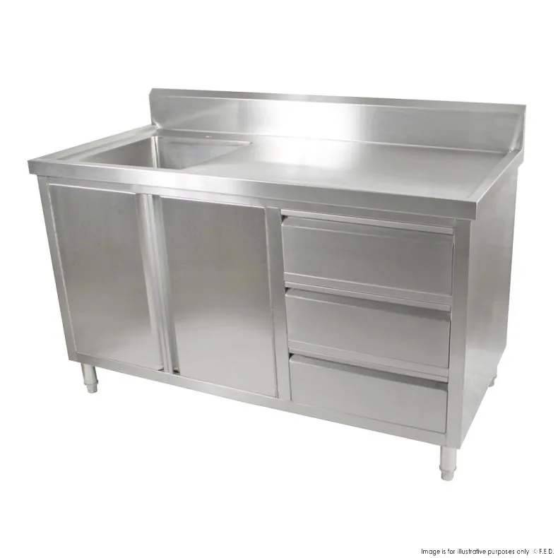FED SC-6-1500L-H stainless steel sink cabinet, 1500mm, left bowl with doors and drawers