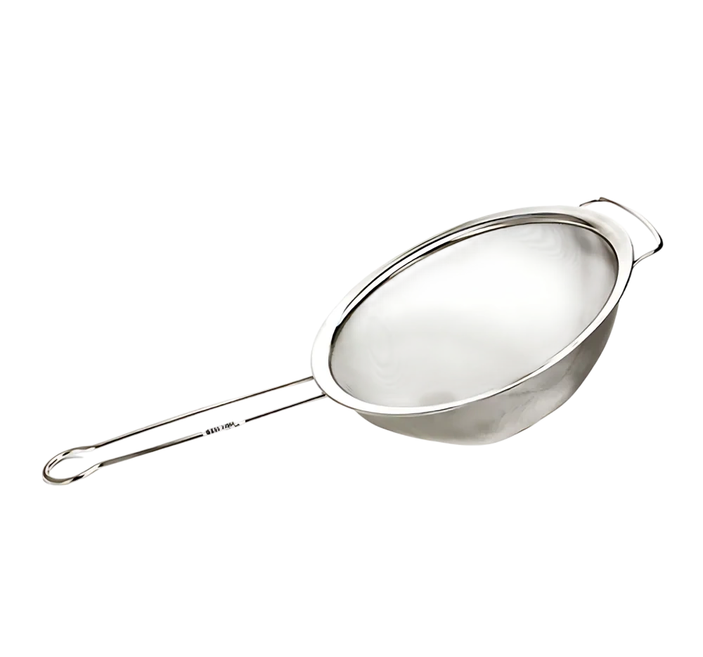 Kitchen Knock 000837 wide-ear 10 inch stainless steel strainer with fine mesh, 250mm diameter, nonpowered – three-quarter view, Australia