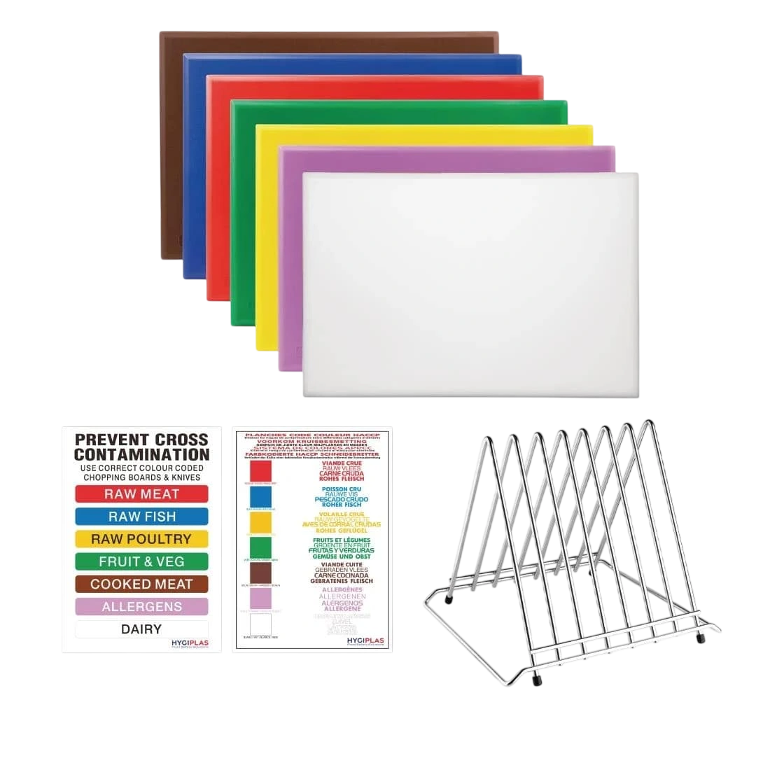 Hygiplas FY993 High Density Chopping Board Set – 7 Boards, Rack & Wall Chart commercial kitchen equipment