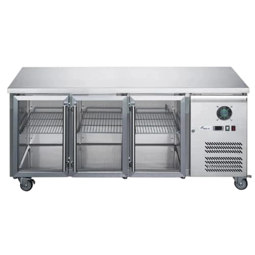 FED-X XUB7C18G3V Three Glass Door Stainless Bench Fridge – 417L, Fan Forced commercial kitchen equipment