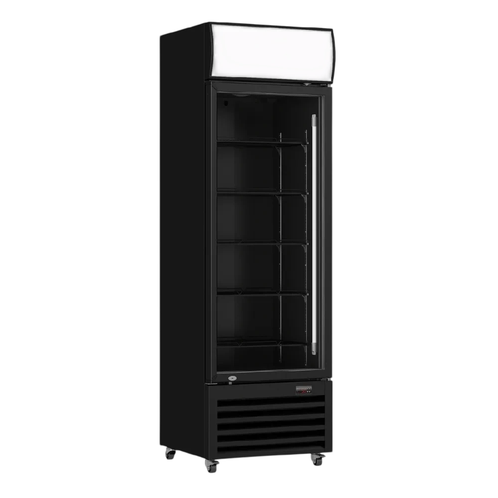 Thermaster LG-370BP single glass door upright drink fridge, 370 L capacity, 610 mm width, R290 refrigerant, 9-star GEMS, black colourbond – front view, Australia