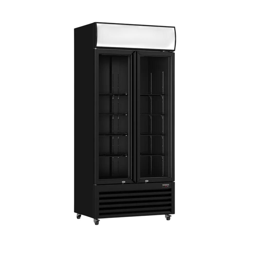 Thermaster LG-580BP double glass door upright drink fridge, 568 L capacity, 880 mm width, R290 refrigerant, 7-star GEMS rated, black Colourbond – front view, Australia