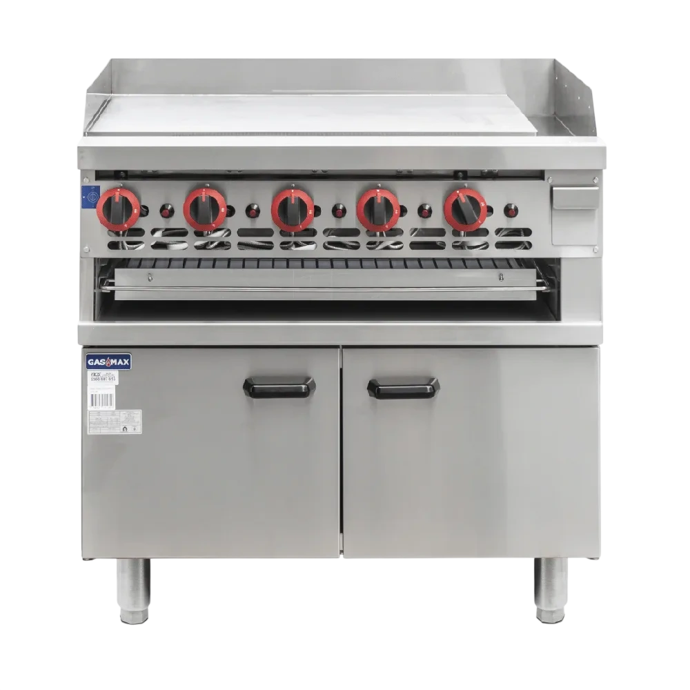 Gasmax GGS-36 gas griddle and toaster with cabinet, stainless steel body, 915mm wide, 75MJ/h – front view, Australia