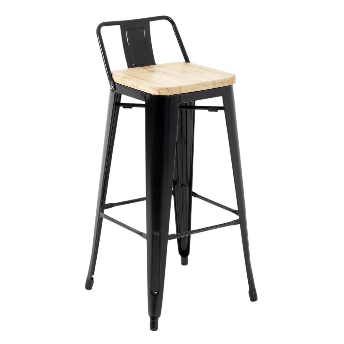 Bolero Bistro High Stool with Backrest Black & Wooden Seat Pad (Pack 4)