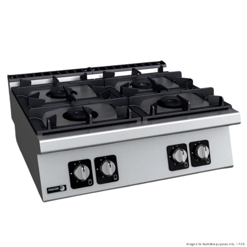 Fagor Kore 700 Series C-G740H 4 burner bench top gas cooktop with stainless steel body and cast iron grates