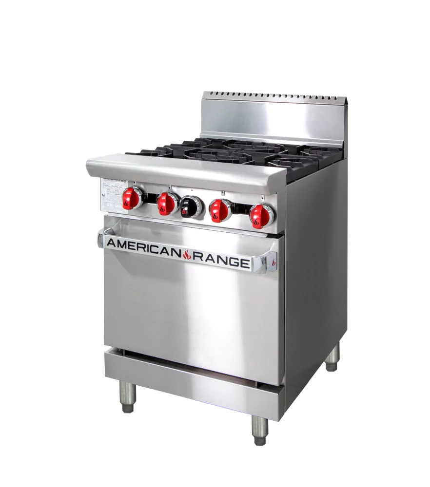 American Range AAR.4B 24-inch oven range with four open burners, heavy-duty stainless steel construction, gas commercial oven, USA-made, Australia