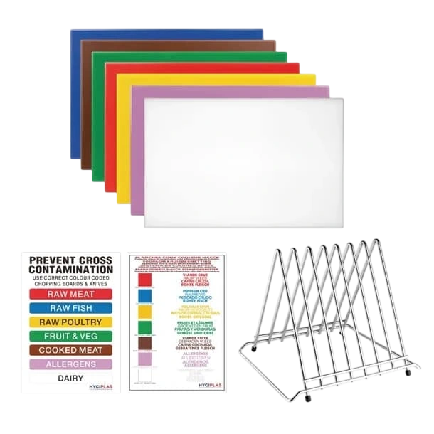 Hygiplas FY990 Chopping Board Set – 7 High-Density Boards + Steel Rack & Wall Chart | HACCP commercial kitchen equipment