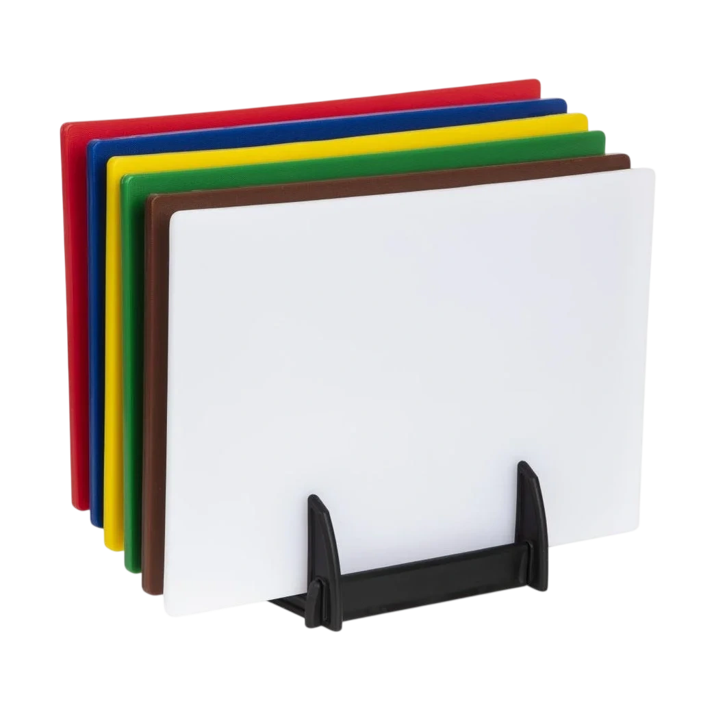 Hygiplas Low Density Set of 6 Chopping Boards with Rack - 450x300x10mm commercial kitchen equipment