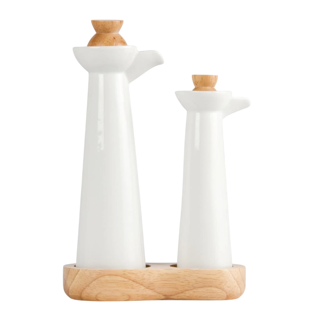 Olympia CB705 Whiteware Vinegar & Oil bottle set with Wooden Base & Stoppers (Box 1)