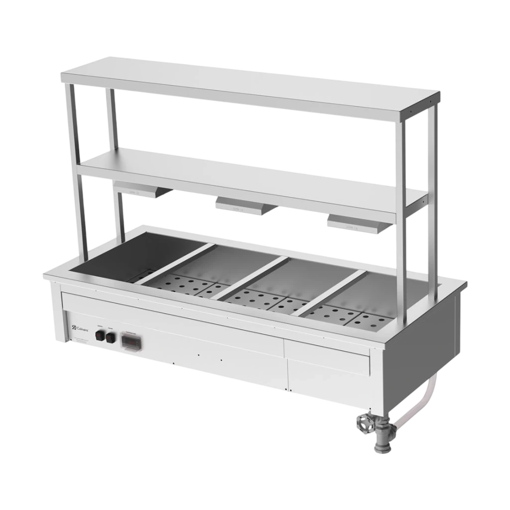 Culinaire CH.BM.D.GDB.3 Drop-In Bain Marie – 3 Bay, 2-Tier – heat lamps to bottom shelf