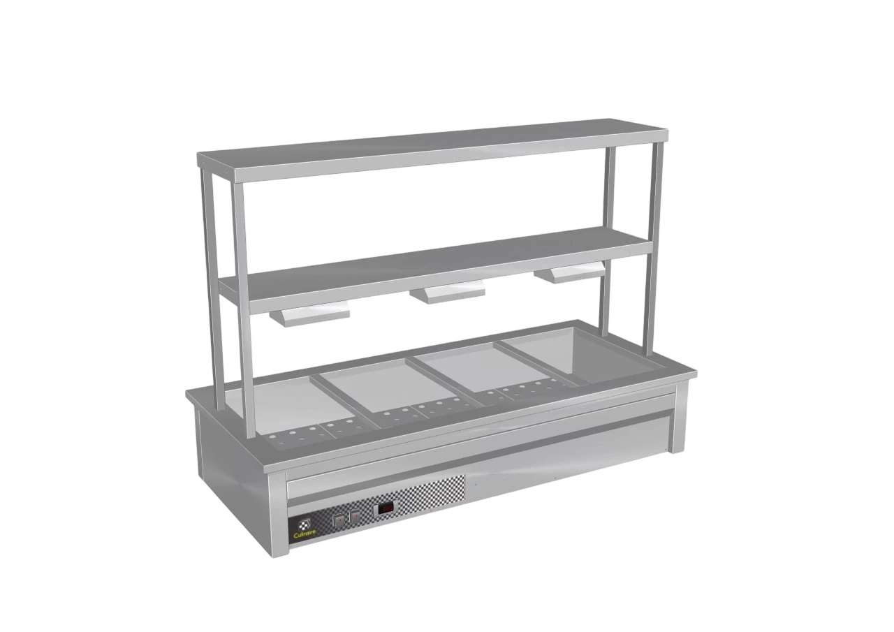 Culinaire CH.BM.D.GDB.4 Drop-In Bain Marie – 4 Bay, 2-Tier – heat lamps to bottom shelf