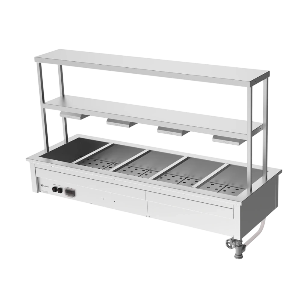 Culinaire CH.BM.D.GDB.5 Drop-In Bain Marie – 5 Bay, 2-Tier – heat lamps to bottom shelf