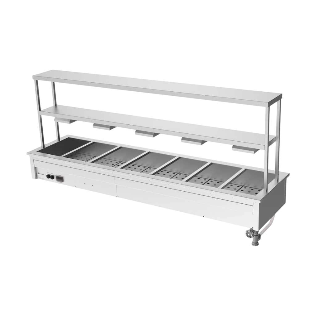 Culinaire CH.BM.D.GDB.7 Drop-In Bain Marie – 7 Bay, 2-Tier – heat lamps to bottom shelf