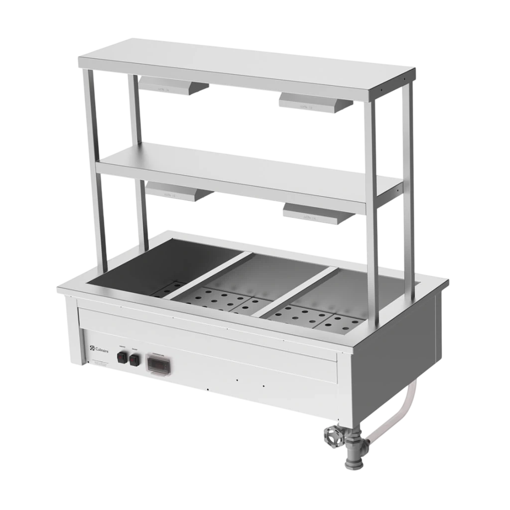 Culinaire CH.BM.D.GDD.3 Hot Food Bain Marie – 3 Bay, Drop-in with 2-Tier Gantry – heat lamps to both shelves