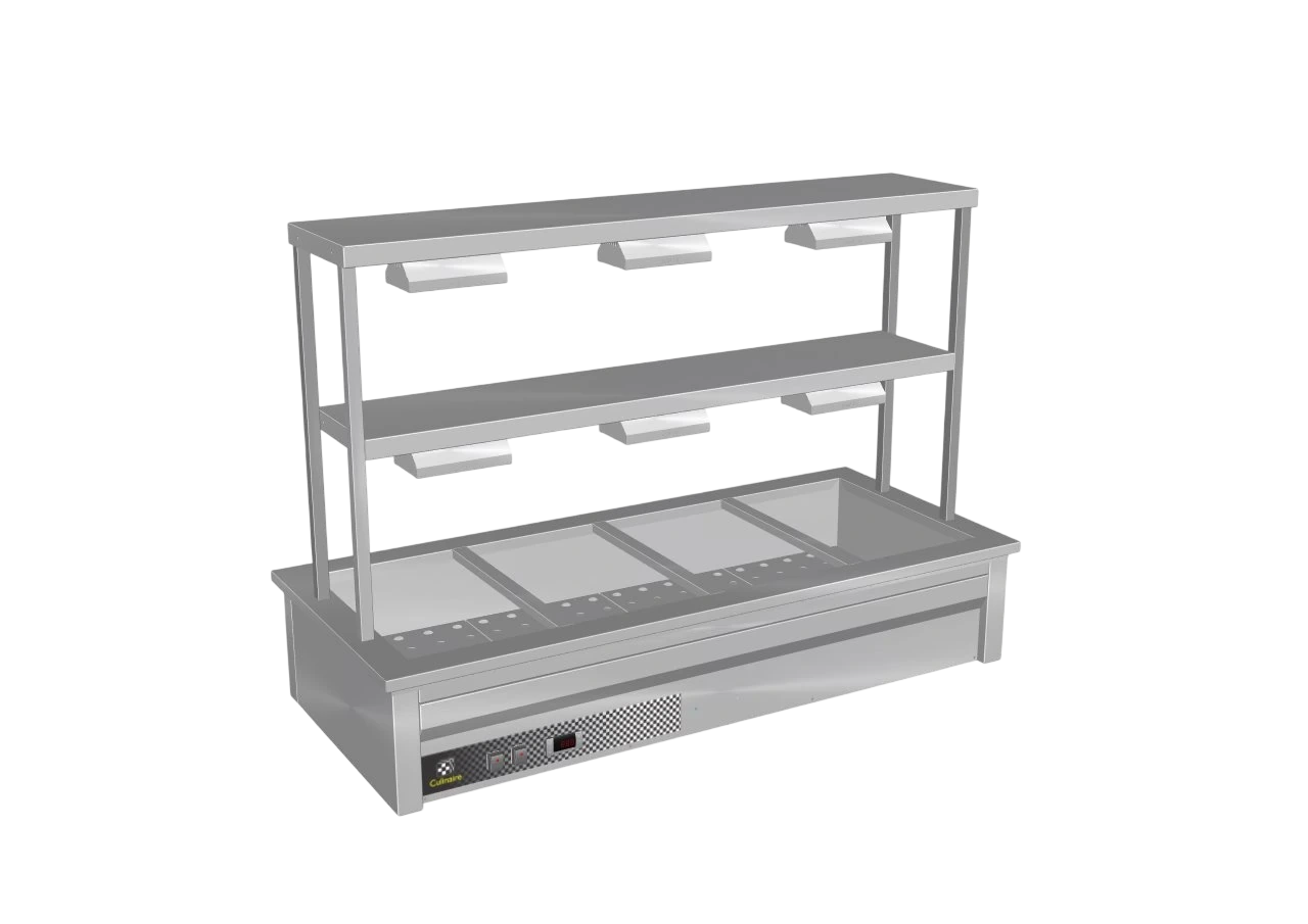 Culinaire CH.BM.D.GDD.4 Hot Food Bain Marie – 4 Bay, Drop-in with 2-Tier Gantry – heat lamps to both shelves