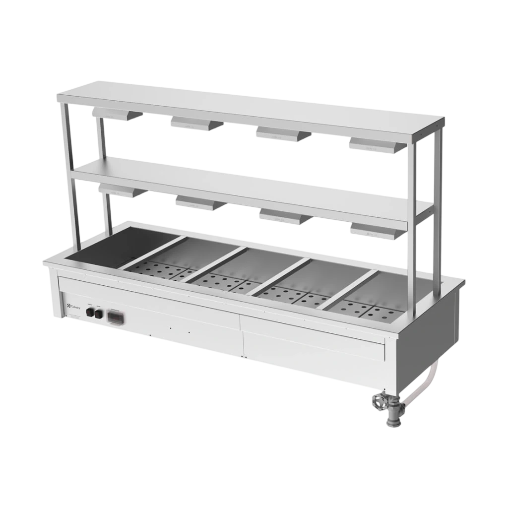 Culinaire CH.BM.D.GDD.5 Hot Food Bain Marie – 5 Bay, Drop-in with 2-Tier Gantry – heat lamps to both shelves
