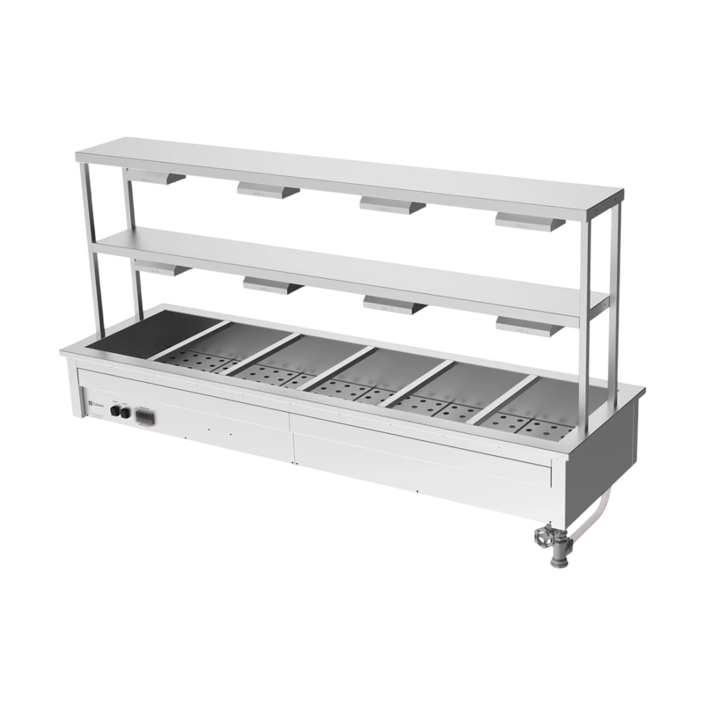 Culinaire CH.BM.D.GDD.6 Hot Food Bain Marie – 6 Bay, Drop-in with 2-Tier Gantry – heat lamps to both shelves