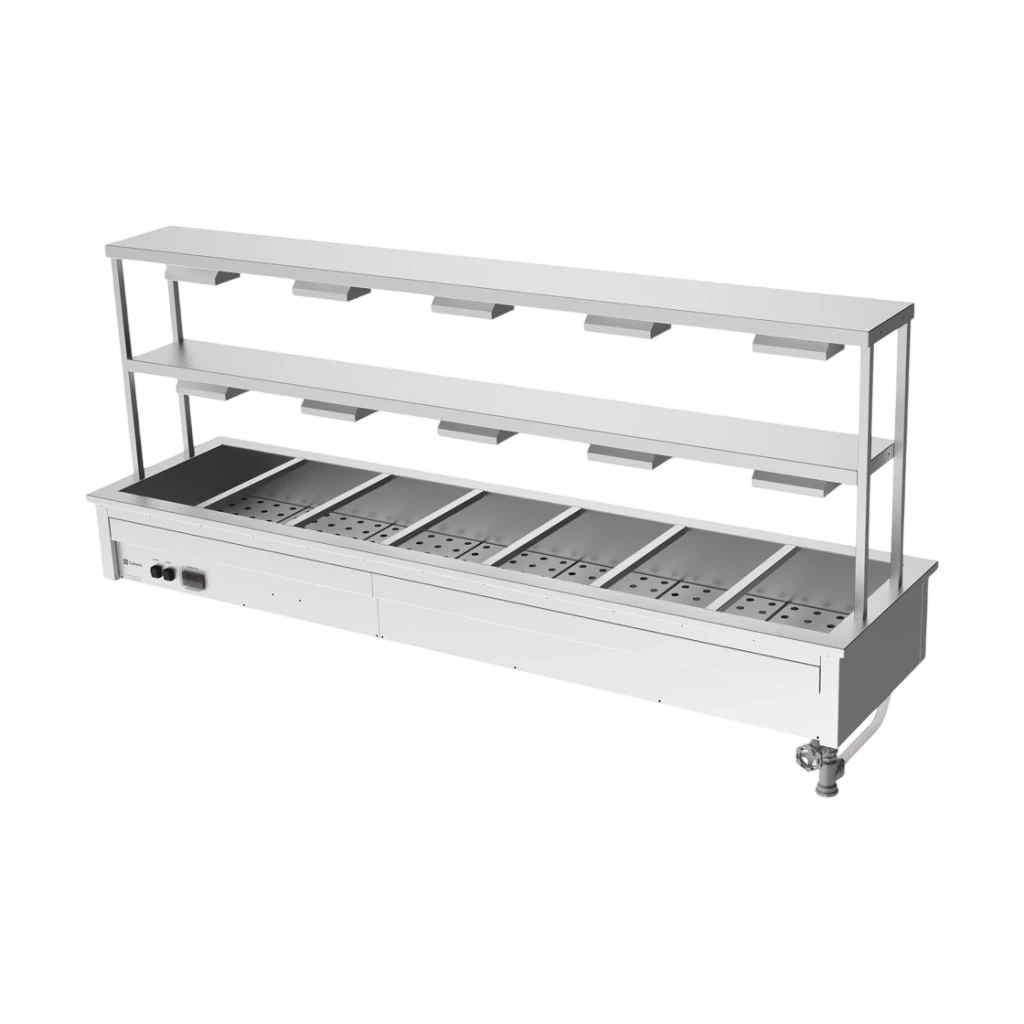 Culinaire CH.BM.D.GDD.7 Hot Food Bain Marie – 7 Bay, Drop-in with 2-Tier Gantry – heat lamps to both shelves