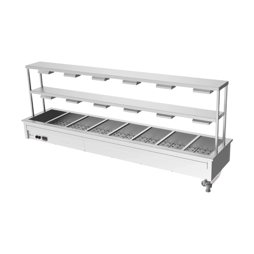 Culinaire CH.BM.D.GDD.8 Hot Food Bain Marie – 8 Bay, Drop-in with 2-Tier Gantry – heat lamps to both shelves