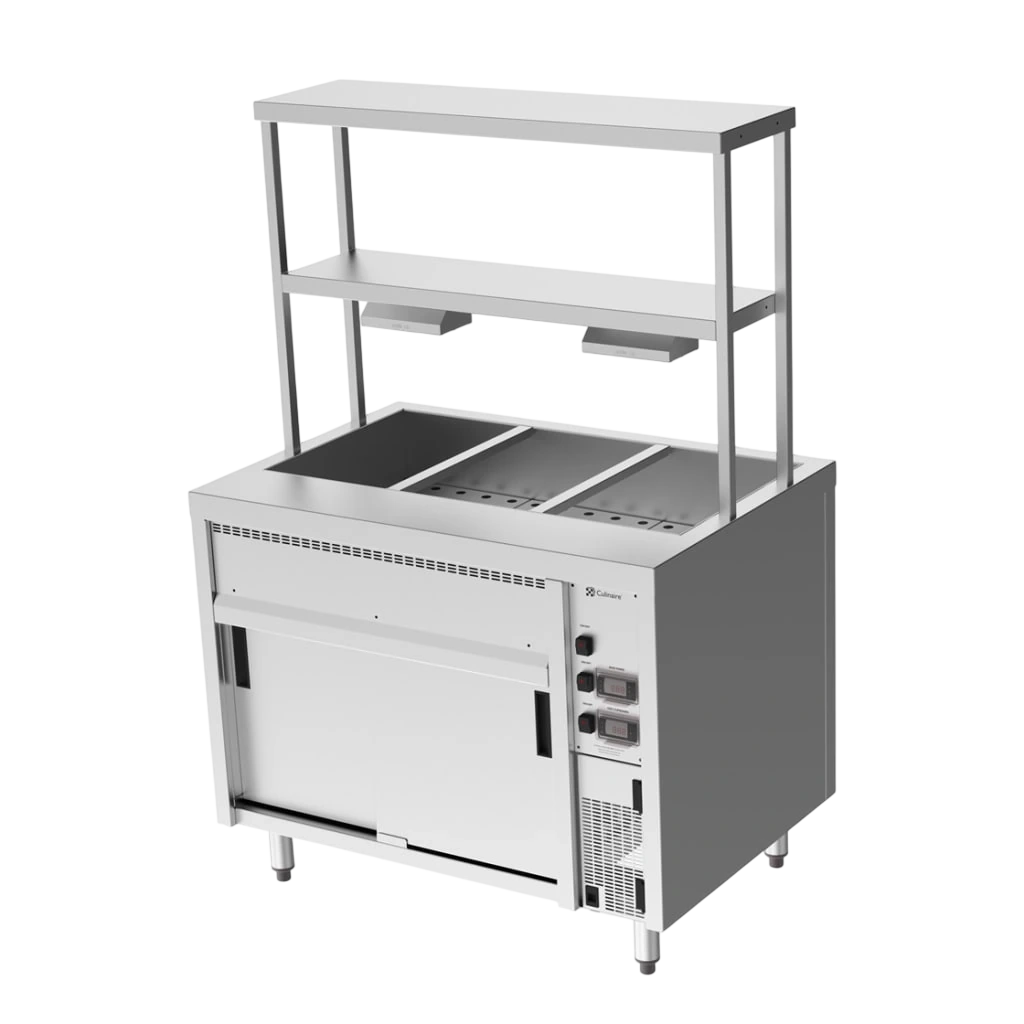 Culinaire CH.BMH.I.GDB.3 Hot Food Bain Marie – 3 Bay, Island with 2-Tier Gantry – heat lamps to bottom shelf