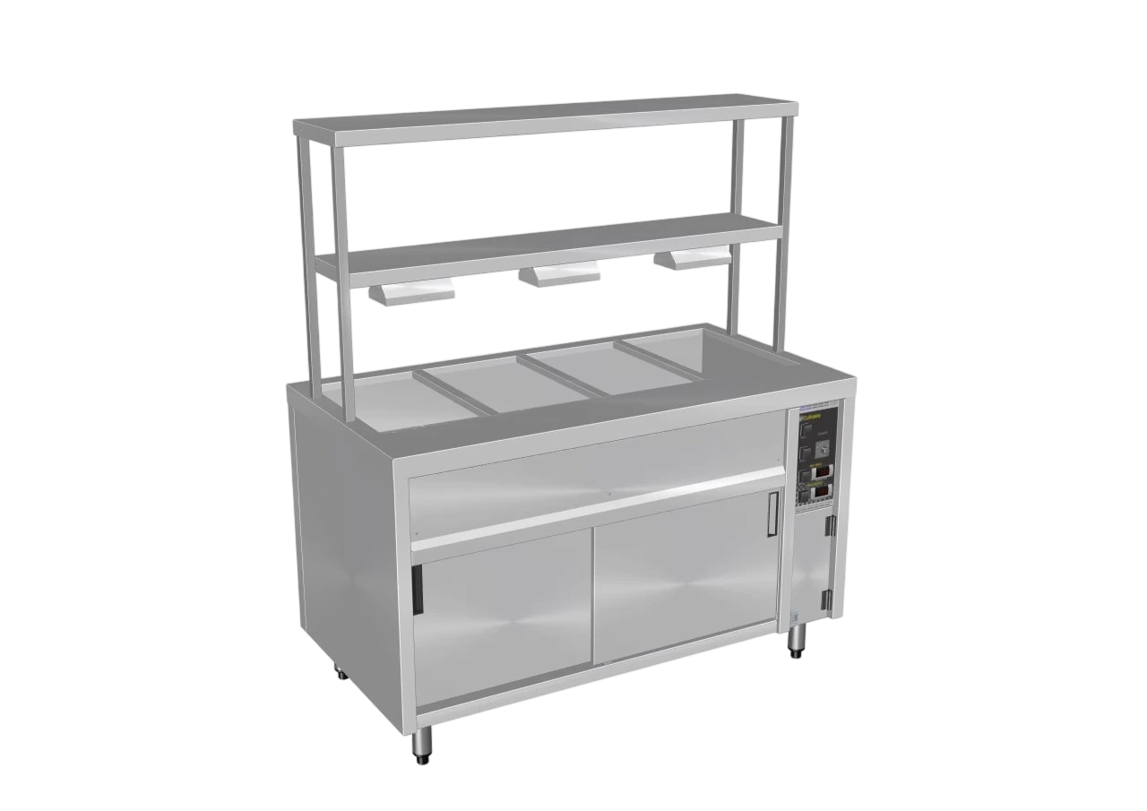 Culinaire CH.BMH.I.GDB.4 Hot Food Bain Marie – 4 Bay, Island with 2-Tier Gantry – heat lamps to bottom shelf