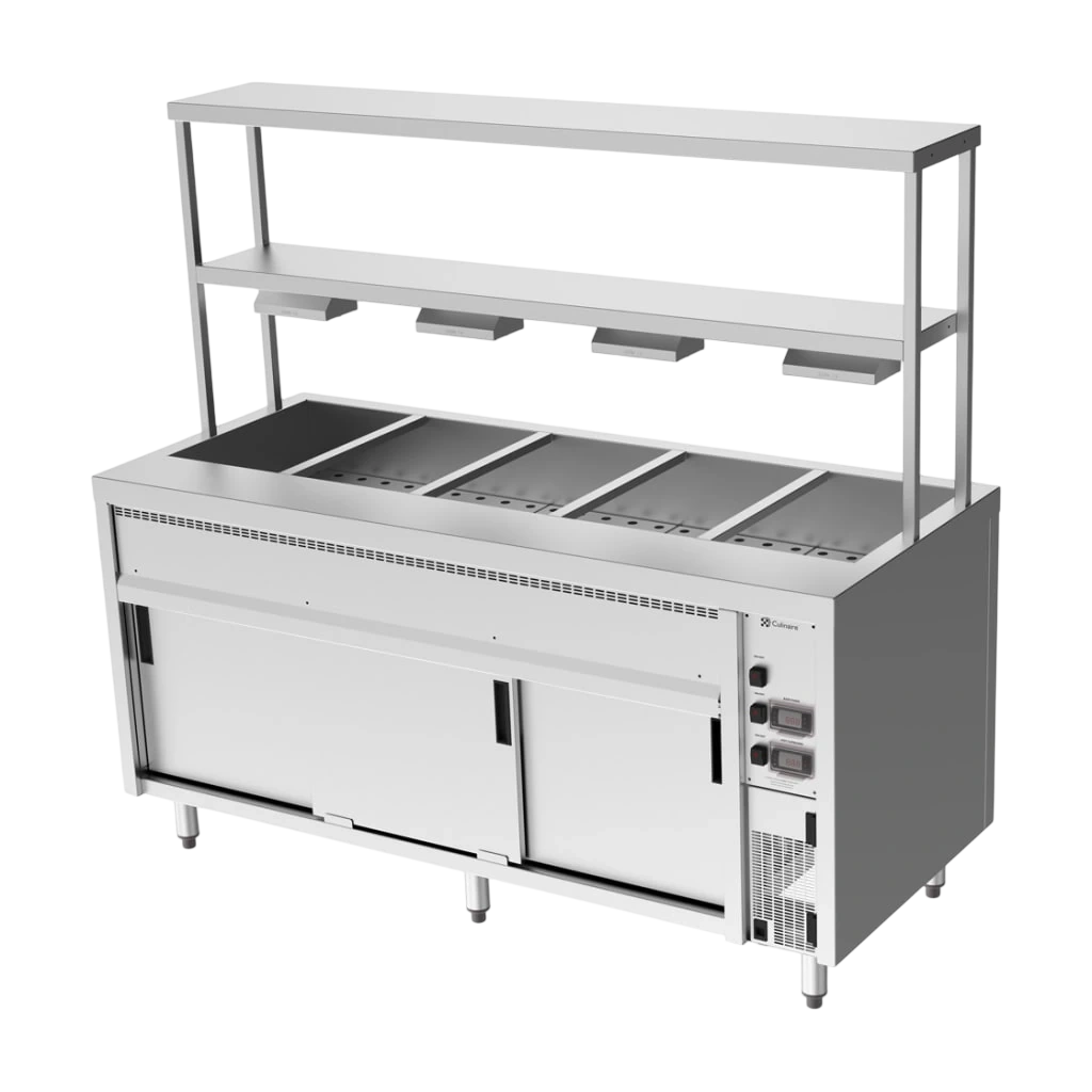 Culinaire CH.BMH.I.GDB.5 Hot Food Bain Marie – 5 Bay, Island with 2-Tier Gantry – heat lamps to bottom shelf
