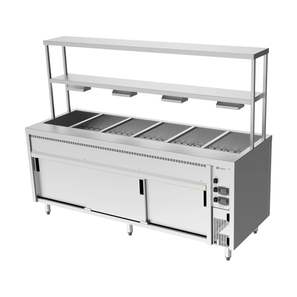 Culinaire CH.BMH.I.GDB.6 Hot Food Bain Marie – 6 Bay, Island with 2-Tier Gantry – heat lamps to bottom shelf